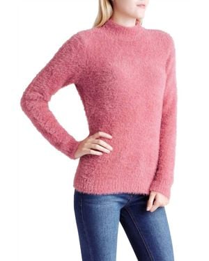 Kensie Fur Yarn Long Sleeve Mock Neck Sweater - Red