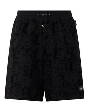 Philipp Plein Fleece Shorts All-Over Dollar Skull - Black