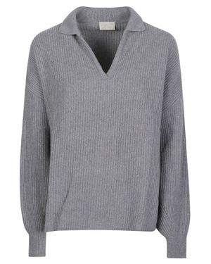 Drumohr Polo Boxy V-Neck Wool-Cashmere Sweater - Gray