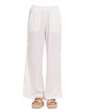 Vintage Havana Washed Linen Wide Leg Pants With Whip Stitch - White