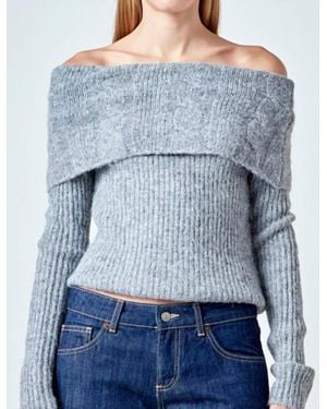 Endless Rose Off Shoulder Cable Knit Sweater - Blue