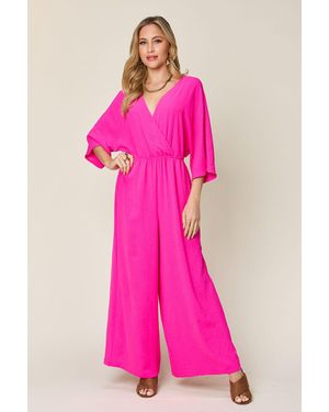 TRUEDAMES Double Take Full Size Surplice Wide Leg Jumpsuit With Pockets - Pink