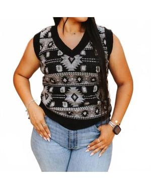 Lucky & Blessed Aztec Knit V-Neck Sleeveless Western Sweater Top - Black