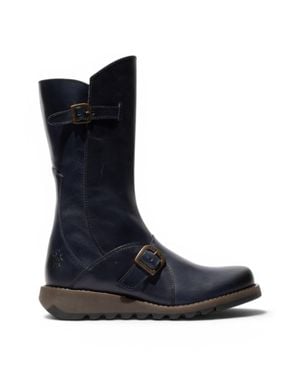 Fly London Wine Mes 2 Wedge Heel Buckle Mid-Calf Leather Zip Platform Boots - Black