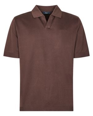 Herno Short-Sleeved Polo Shirt With V-Notch Collar - Brown
