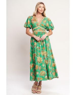 TRUEDAMES Tropical State Of Heart Woven Midi Dress - Green
