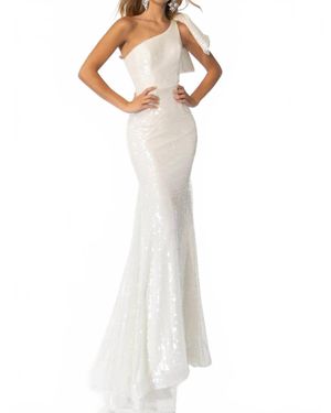 Ava Presley One Shoulder Sequin Gown With Bow - White