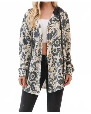 BOMBOM Floral Ribbed Knit Hoodie Shacket - Black