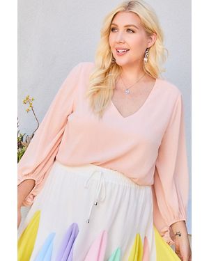 TRUEDAMES V Neck Bubble Sleeve Solid Top - Pink