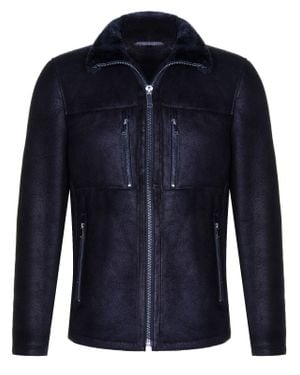 Infinity Leather Sheepskin Biker Bomber Jacket-Agboville - Blue