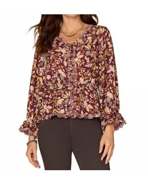 Democracy Long Tie Sleeve V-Neck Printed Woven Top - Red