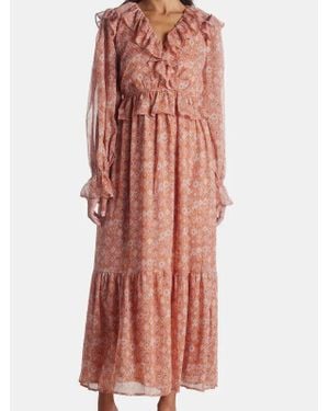 Moon River Midi Dress Coral Aztec Print Ruffle Puff Sleeve Jdm1193 - Pink