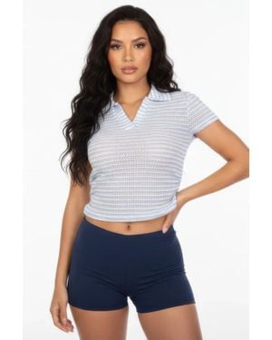 TRUEDAMES Pineapple Knit Striped Polo Crop Top - White