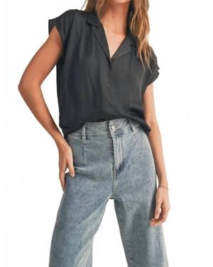 Miou Muse Short Sleeve Button Silk Top - Black