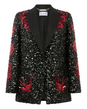 Philipp Plein Boyfriend's Fit Blazer Butterfly Tattoo Paillettes - Black