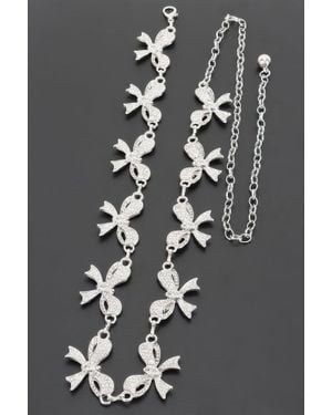 Fashnzfab Rhinestone Bow Charm Chain Waist Belt - Gray