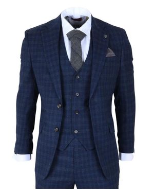 Robert Simon 3 Piece Plaid Suit Check Slim Fit Formal Dress - Blue