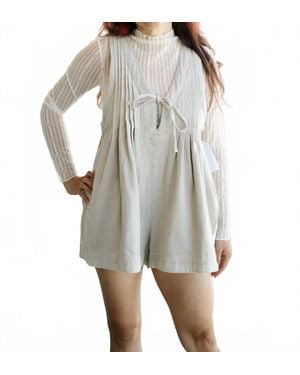 Veveret Front Pleated V Neck Sleeveless Denim Romper - Gray