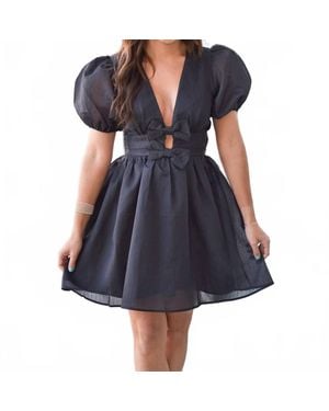 Main Strip Puff Sleeve With Bow Detail Mini Dress - Blue