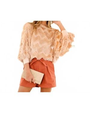 Vine & Love Fringe Embellished Detail Boatneck Blouse - Orange