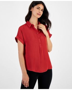 Tahari Shirt Cuffed Short Sleeve Collared Button-Up Fts1226