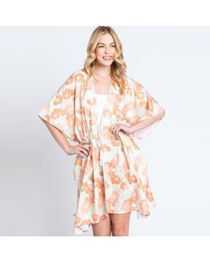 Discountinued Flower Print Self-Tie Drawstring Open Front Cover-Up Kimono Poncho - Pink