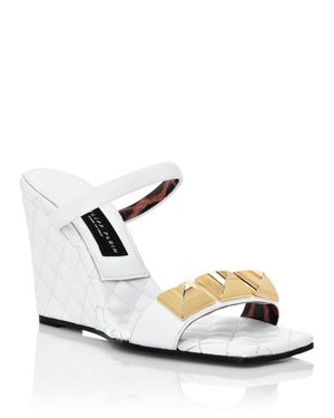 Philipp Plein Leather Sandals Wedge Matelassé Studs - White
