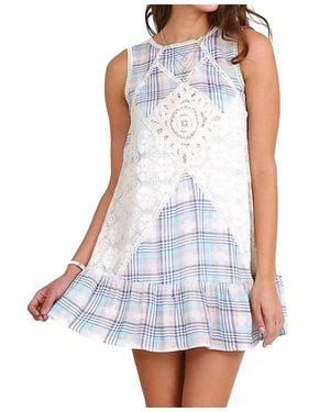 Umgee Plaid Sleeveless Lace Dress - Blue