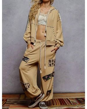 Pol French Terry Striped Elastic Side Studded Jacket And Jogger Set - Brown