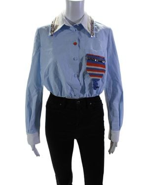 Dice Kayek Cotton Knit Pocket Cropped Button Down Shirt Top - Blue