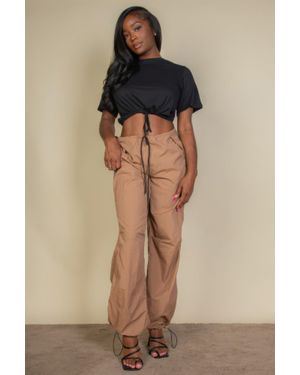 TRUEDAMES Tie Front Drawstring Short Sleeve Crop Top - Natural
