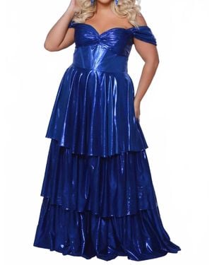 Sydney's Closet Sweetheart Ruched Bodice Metallic Gown - Blue