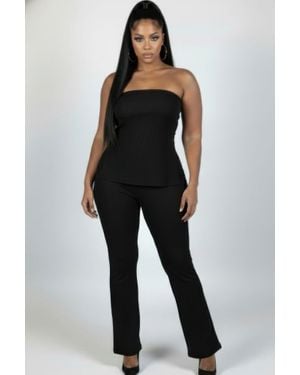 TRUEDAMES Plus Size Ultra-Fine Ribbed Slit Tube Top & High-Waist Flare Pants Set - Black