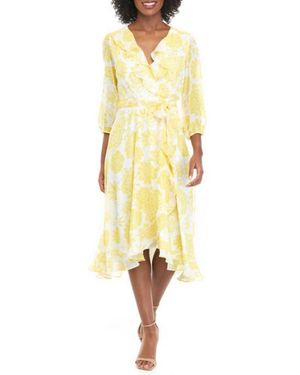 Maison Tara Floral Three Fourth Sleeve Wrap Midi Dress - Yellow