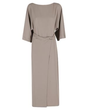 MEIMEIJ Taupe Wrap Skirt Kimono Design Polyester Midi Dress - Natural