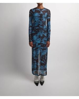 Ganni Printed Mesh O-Neck Ruched Long Dress - Blue