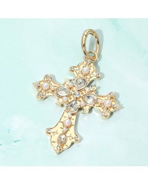 Fashnzfab Gem Pearl Accent Ornate Cross Pendant Charm - Blue