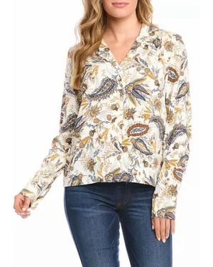 Karen Kane Paula Paisley Long Sleeve Button Down Shirt - White