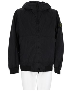 Stone Island Hooded Bomber Jacket With Patch Logo - Black