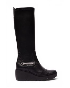 Fly London Leather High Wedge Heel Long Boots - Black