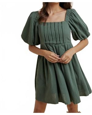 In-Loom Cotton Box Pleat Mini Dress - Green
