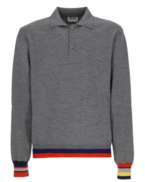 Moschino Striped Detailing Knit Wool Polo Shirt - Gray