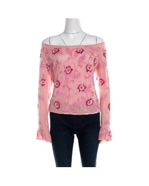 ESCADA Tulle Overlay Floral Embellished Off Shoulder Blouse - Pink
