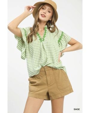 TRUEDAMES Gingham Lace Trim Top - Green