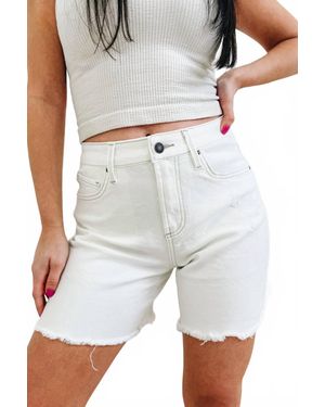 mica denim High Rise Distressed Frayed Hem Shorts - White