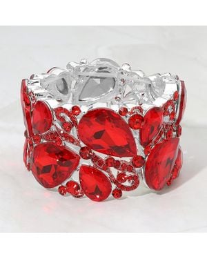 Fashnzfab Bold Teardrop Gem Cluster Ornate Swirl Beaded Stretch Evening Bracelet - Red