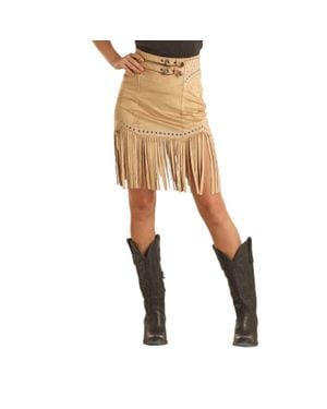 Rock & Roll Denim Studded Fringe Skirt With Side Zip - Natural