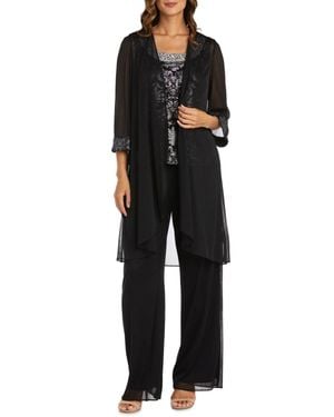 R & M Richards 3-Piece Beaded Neck Duster Pants Set - Black