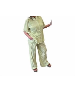 She + Sky Plisse Button Down Top With Pants - Green