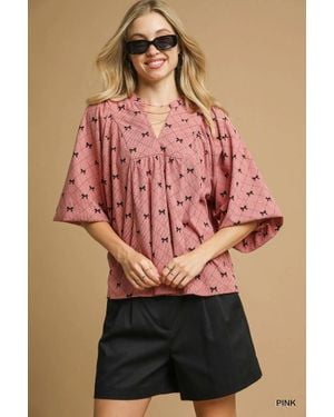 TRUEDAMES Corduroy Bow Print Balloon Sleeve Blouse - Pink
